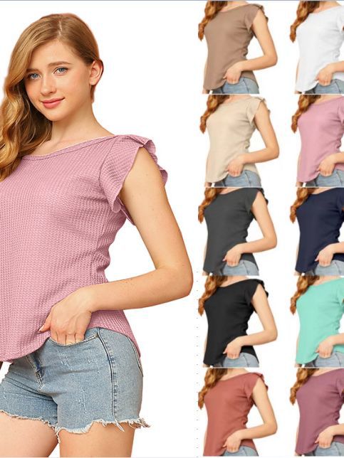 Fashionable summer women's clothing solid color round neck ruffles sweet and fresh girlish style short sleeves