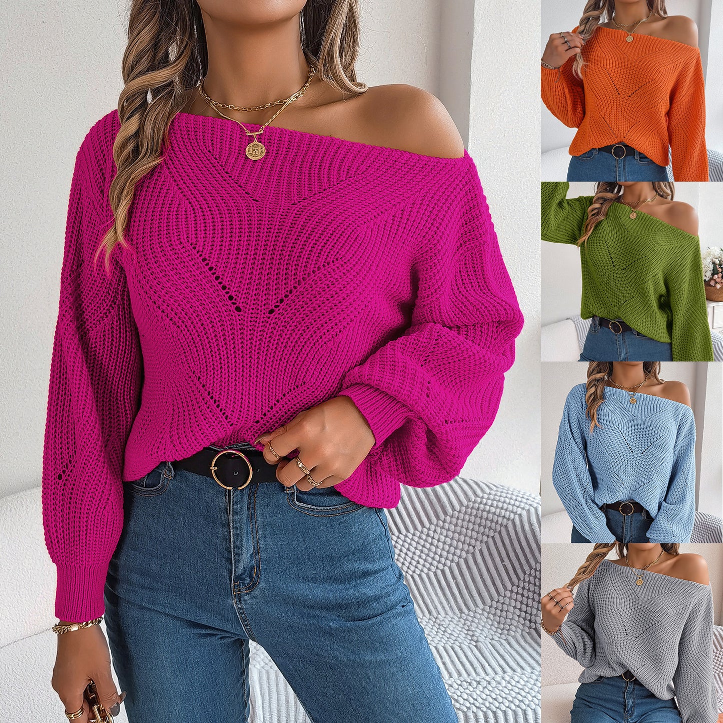 2024 Autumn and Winter Casual Hollow Off-shoulder Lantern Sleeve Sweater