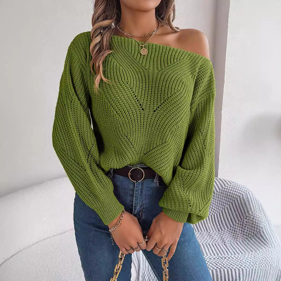 2024 Autumn and Winter Casual Hollow Off-shoulder Lantern Sleeve Sweater