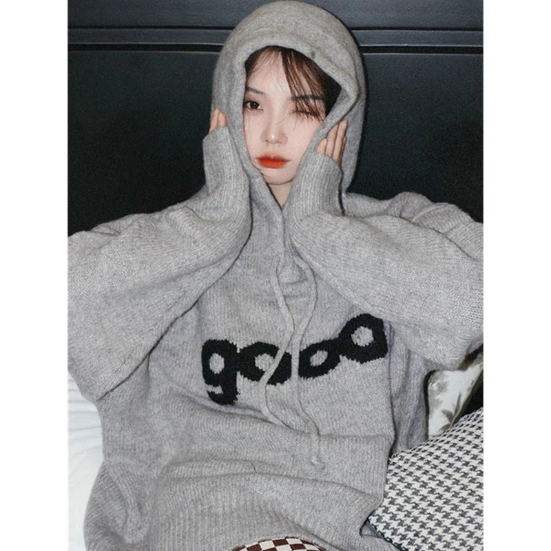 Niche lazy style knitted sweatshirt jacket for women autumn and winter 2023 new loose and slim gray hooded sweater top