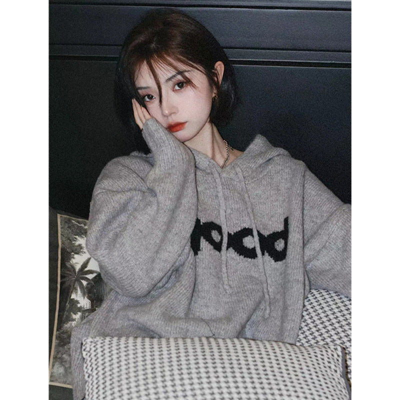 Niche lazy style knitted sweatshirt jacket for women autumn and winter 2023 new loose and slim gray hooded sweater top