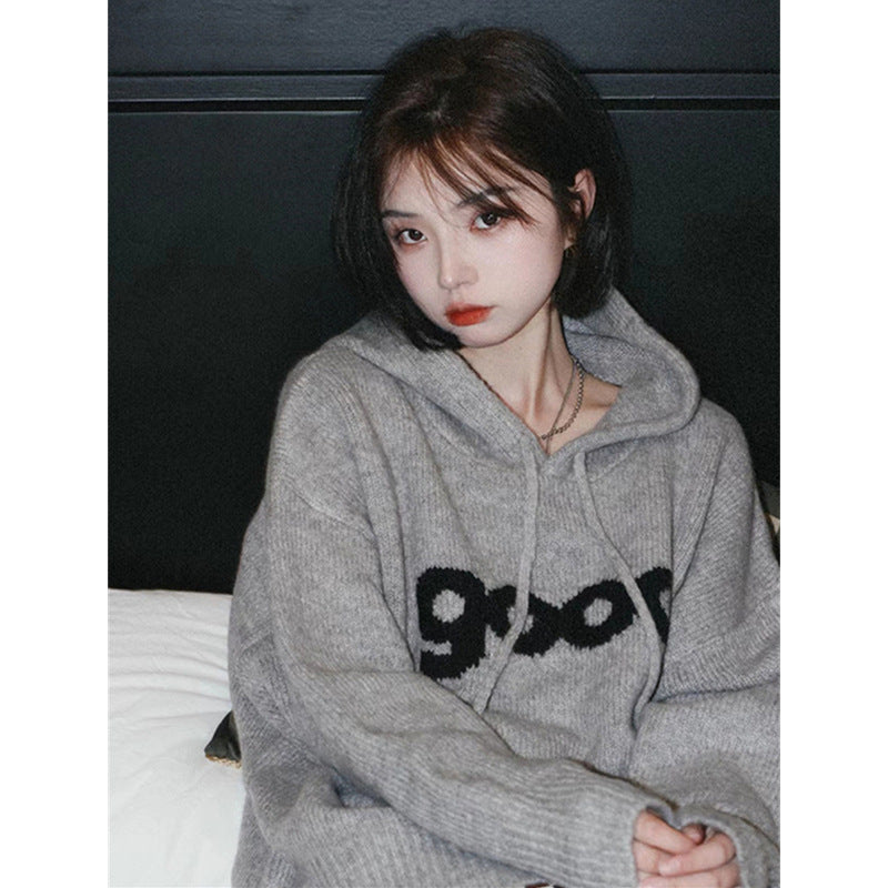 Niche lazy style knitted sweatshirt jacket for women autumn and winter 2023 new loose and slim gray hooded sweater top