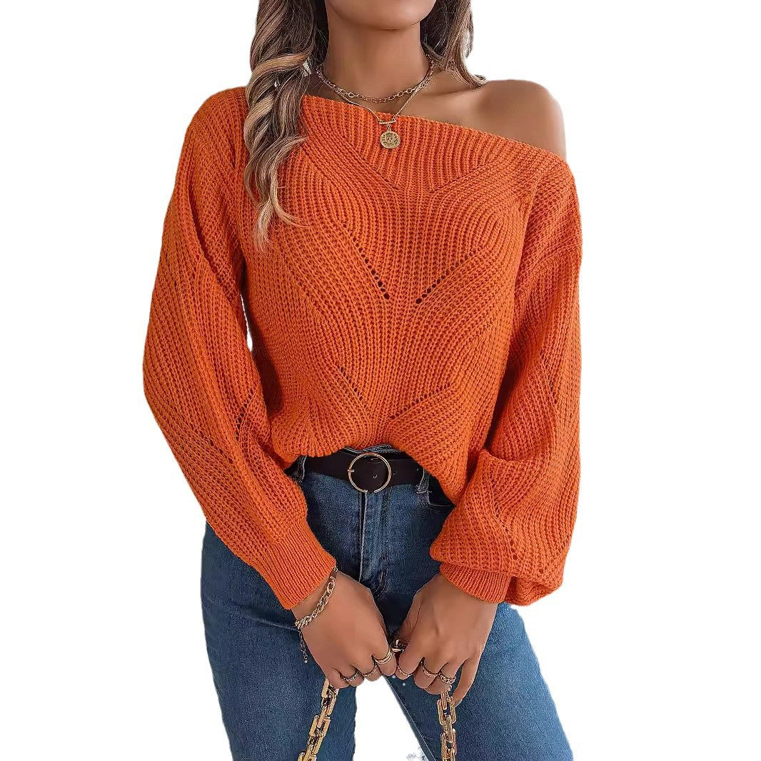 2024 Autumn and Winter Casual Hollow Off-shoulder Lantern Sleeve Sweater