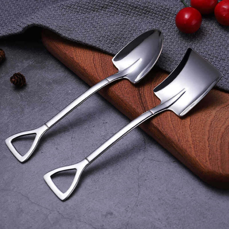 2PCS Set Cute Dessert Spoons Mini Coffee Spoon Shovel Shape Retro Square Head Small Spoon For Ice Cream Metal Stainless Steel