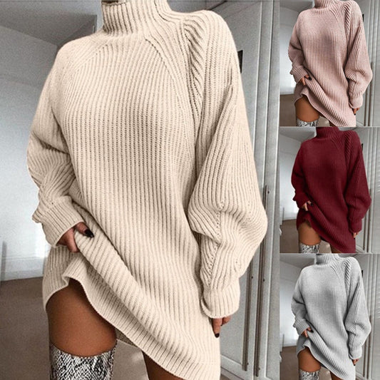 Women's sweater mid-length raglan sleeves half turtleneck women's sweater dress
