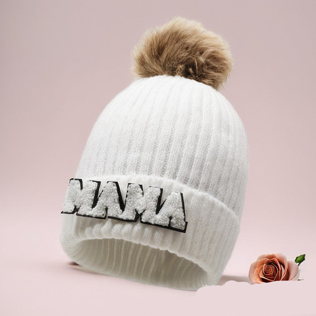 Letter MAMA wool hat winter European and American outdoor ski wool ball knitted hat warm hat