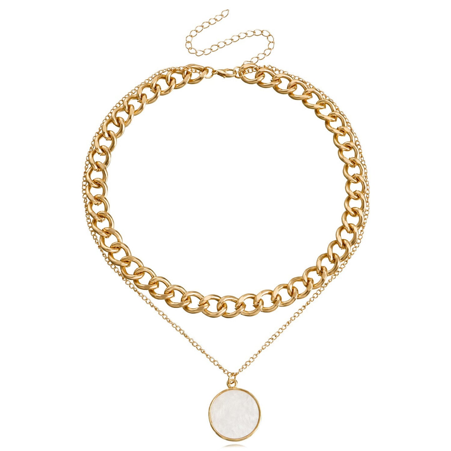 Double layer geometric round white mother-of-pearl pendant necklace for women