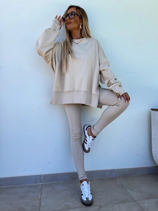 New Spring Sweater Suit Women European and American Casual Loose Long Sleeve Round Neck Split Top Tight Trousers