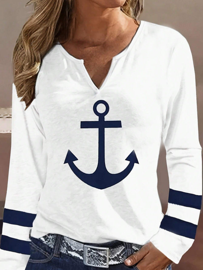 Women's Long Sleeve V-Neck Anchor Print T-Shirt Top