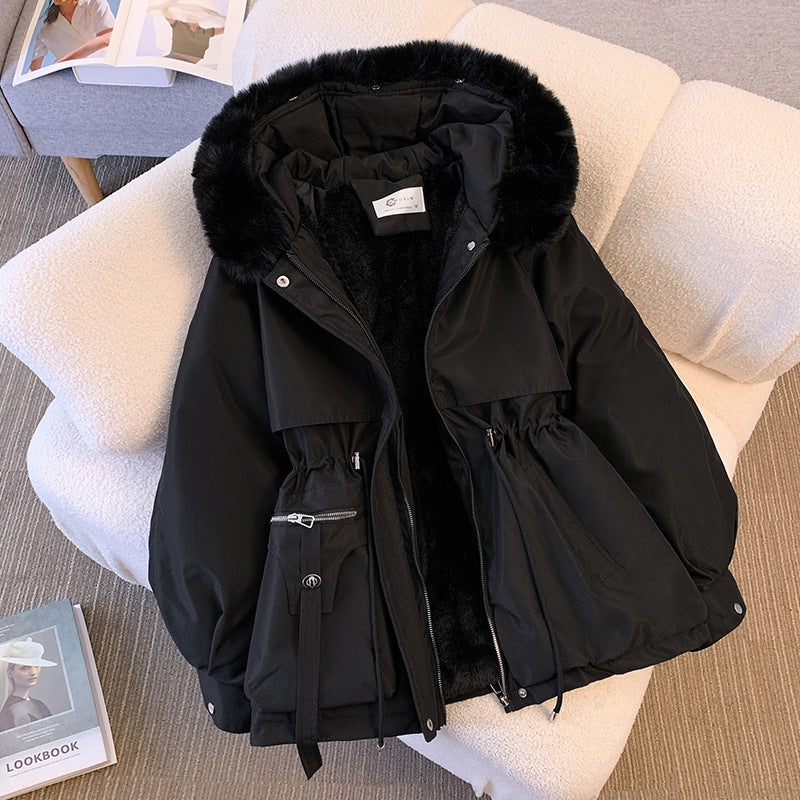 Parker for women in winter 2024 new slim down cotton jacket fashionable and versatile plus velvet thick fur One-piece jacket