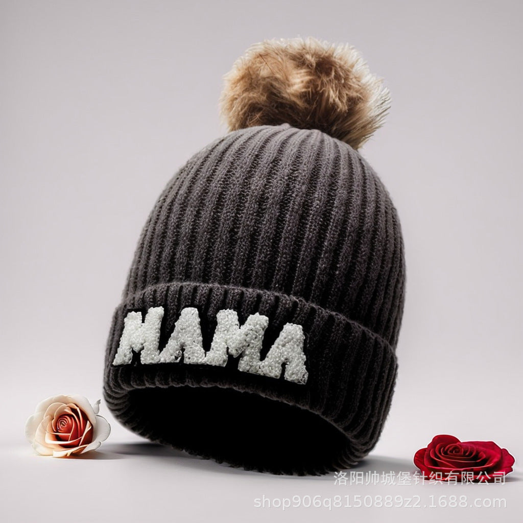 Letter MAMA wool hat winter European and American outdoor ski wool ball knitted hat warm hat