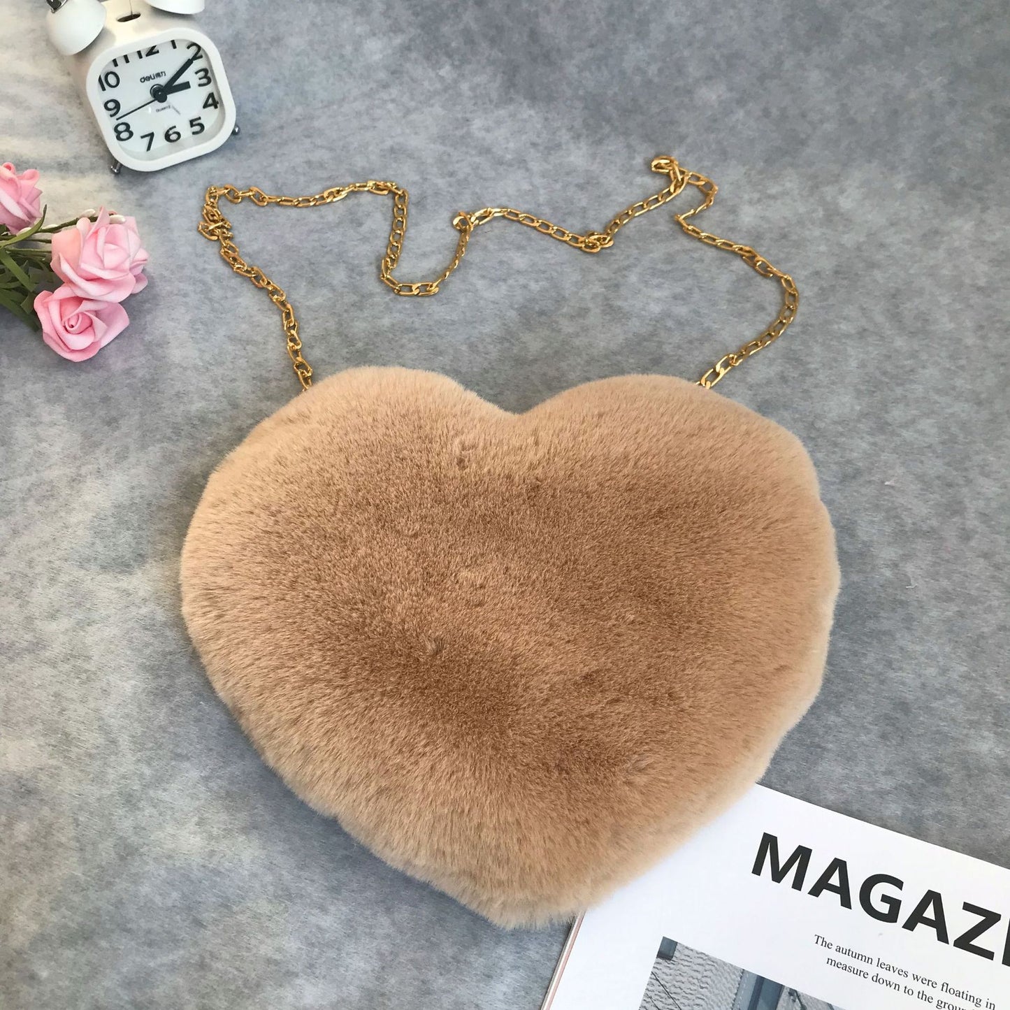 Fashion love heart bag peach heart bag women's chain messenger bag plush shoulder furry bag coin purse Valentine's Day