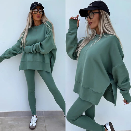 Spring women's European and American casual tight trousers loose sweatshirt set two-piece set