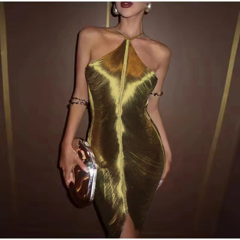 Fashionable tassel halterneck backless dress