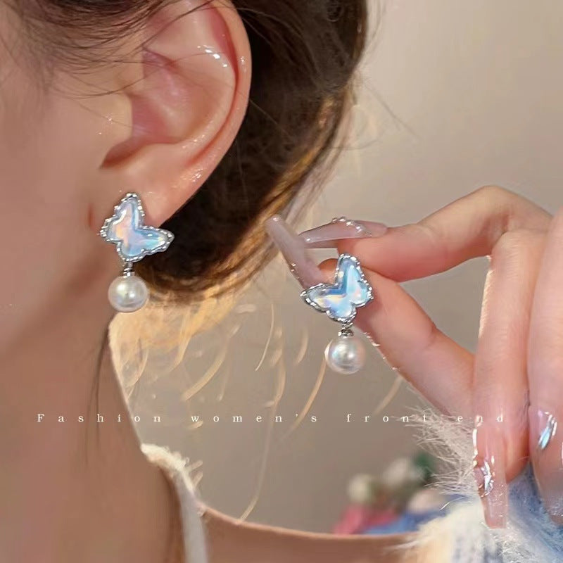 Pearl butterfly earrings for women high-end niche luxury
