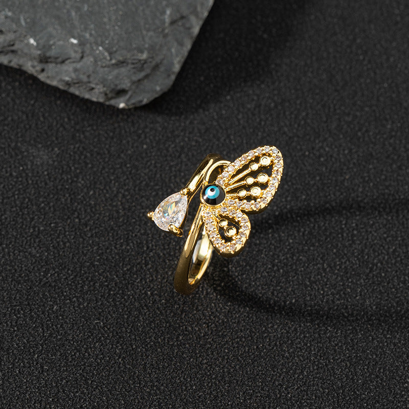 Copper zircon enamel oil drop ring for women evil eye retro pinky ring open ring