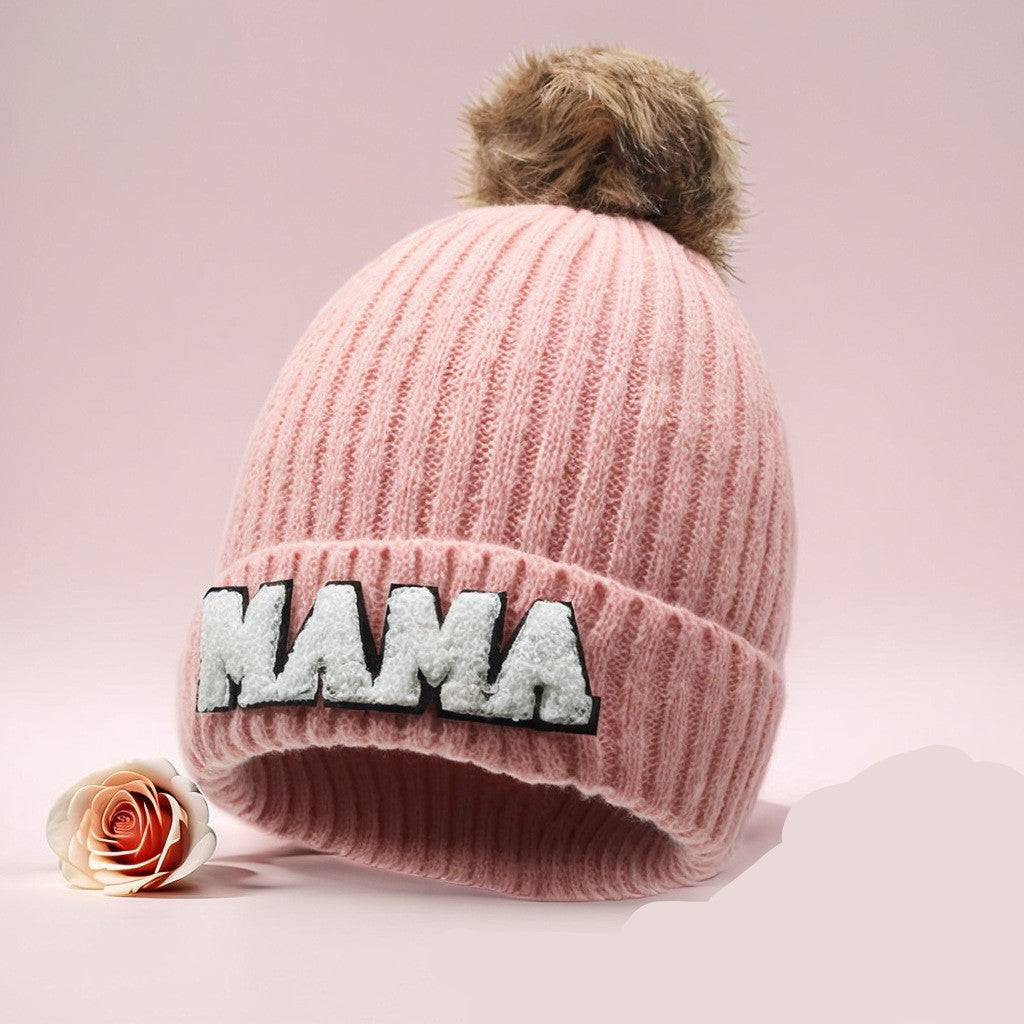 Letter MAMA wool hat winter European and American outdoor ski wool ball knitted hat warm hat