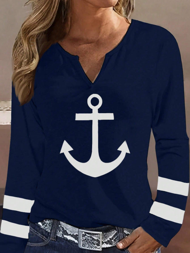 Women's Long Sleeve V-Neck Anchor Print T-Shirt Top