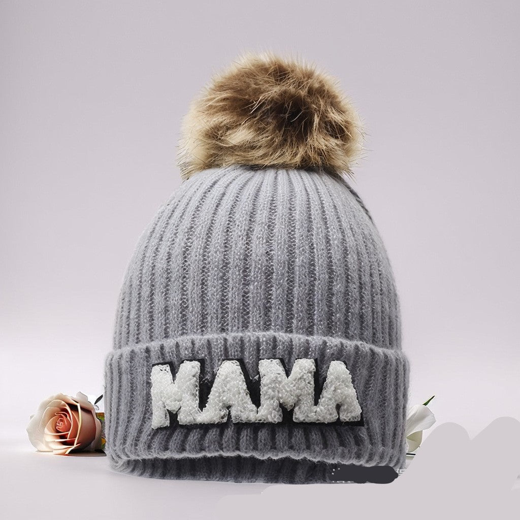 Letter MAMA wool hat winter European and American outdoor ski wool ball knitted hat warm hat