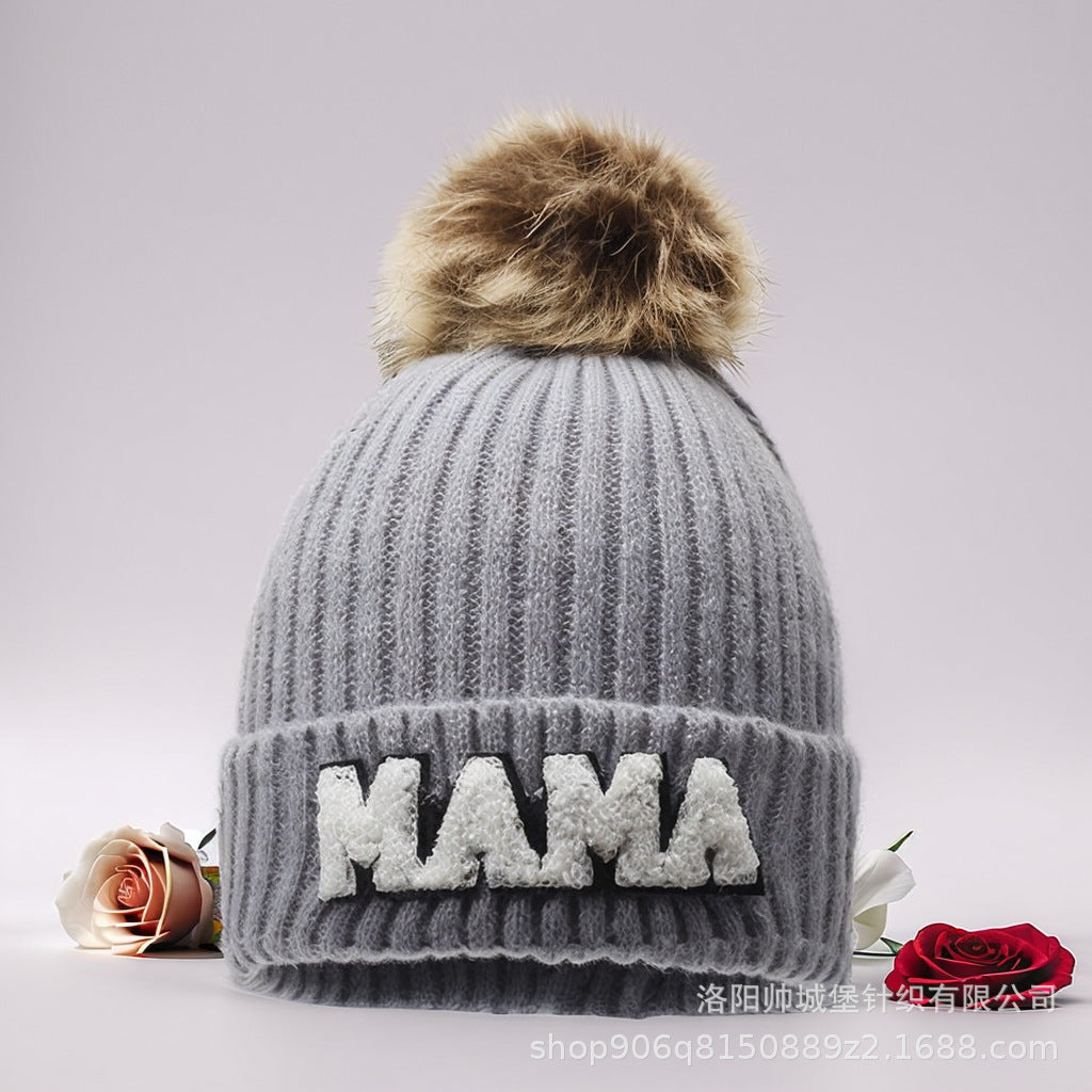 Letter MAMA wool hat winter European and American outdoor ski wool ball knitted hat warm hat