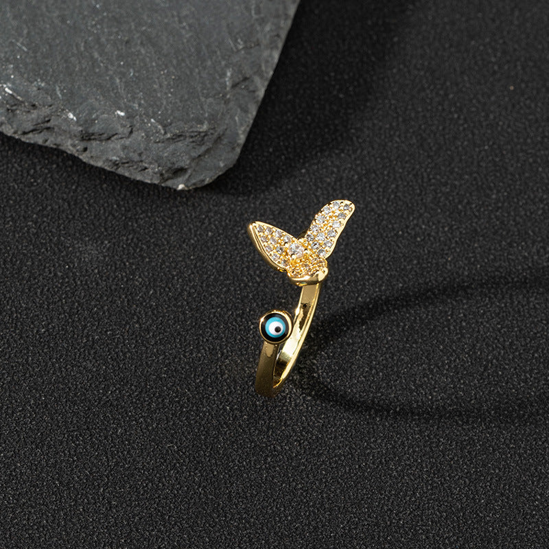 Copper zircon enamel oil drop ring for women evil eye retro pinky ring open ring