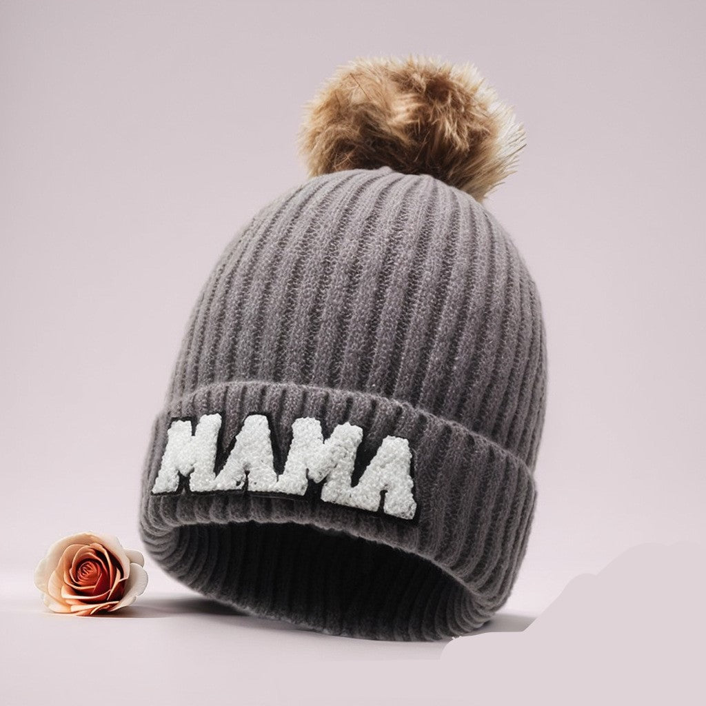 Letter MAMA wool hat winter European and American outdoor ski wool ball knitted hat warm hat
