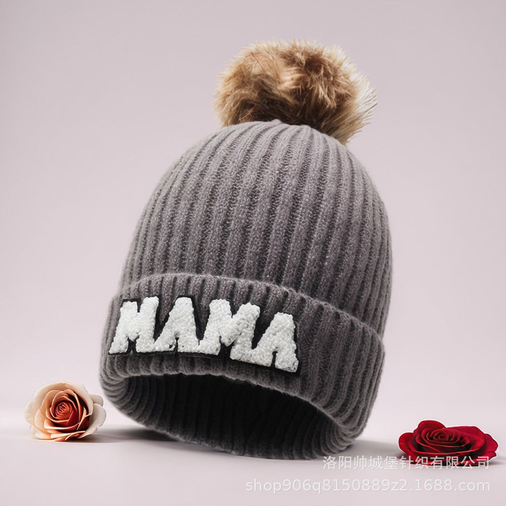Letter MAMA wool hat winter European and American outdoor ski wool ball knitted hat warm hat