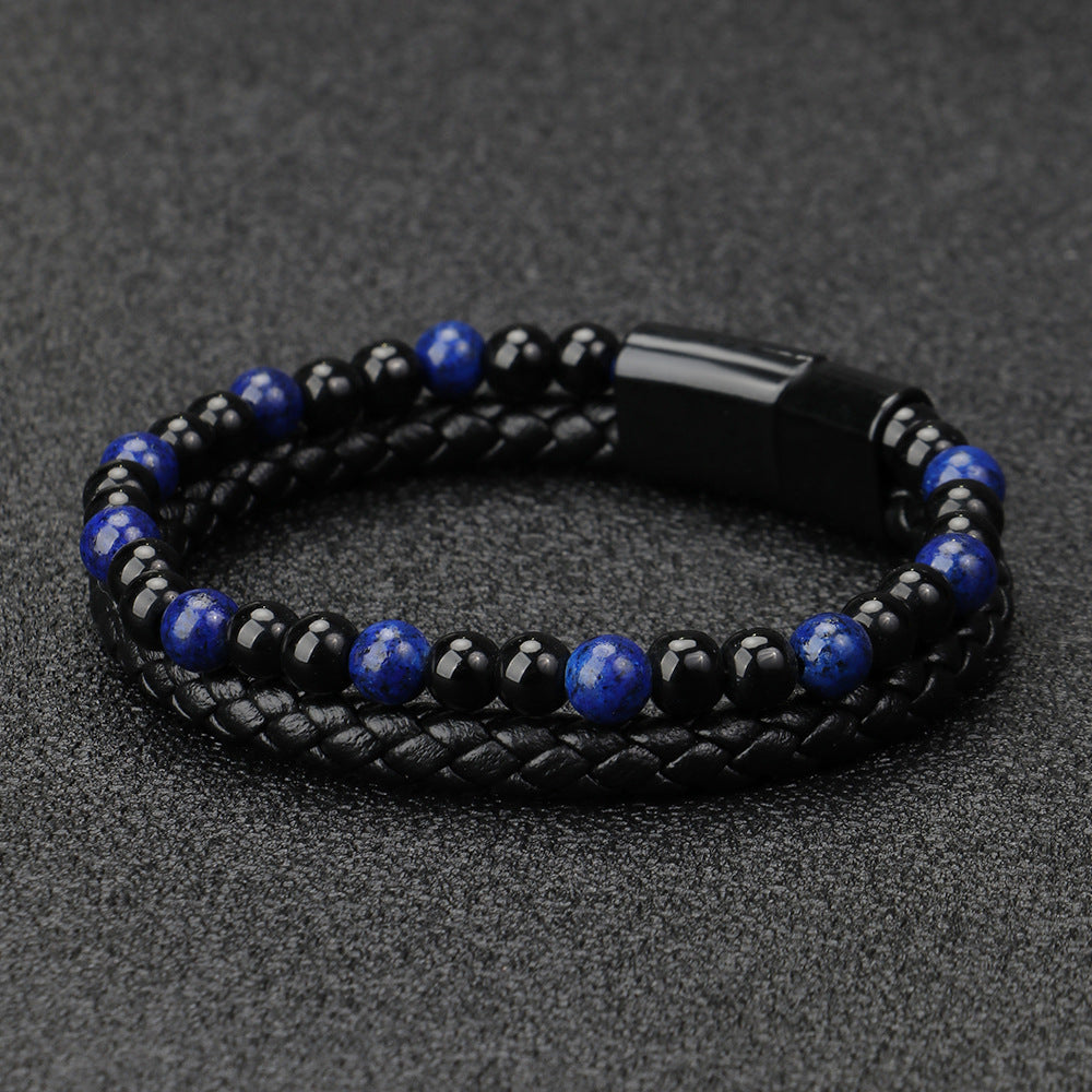Volcanic Tiger Eye Beaded Natural Stone Bracelet Men's Cowhide Cord Bracelet