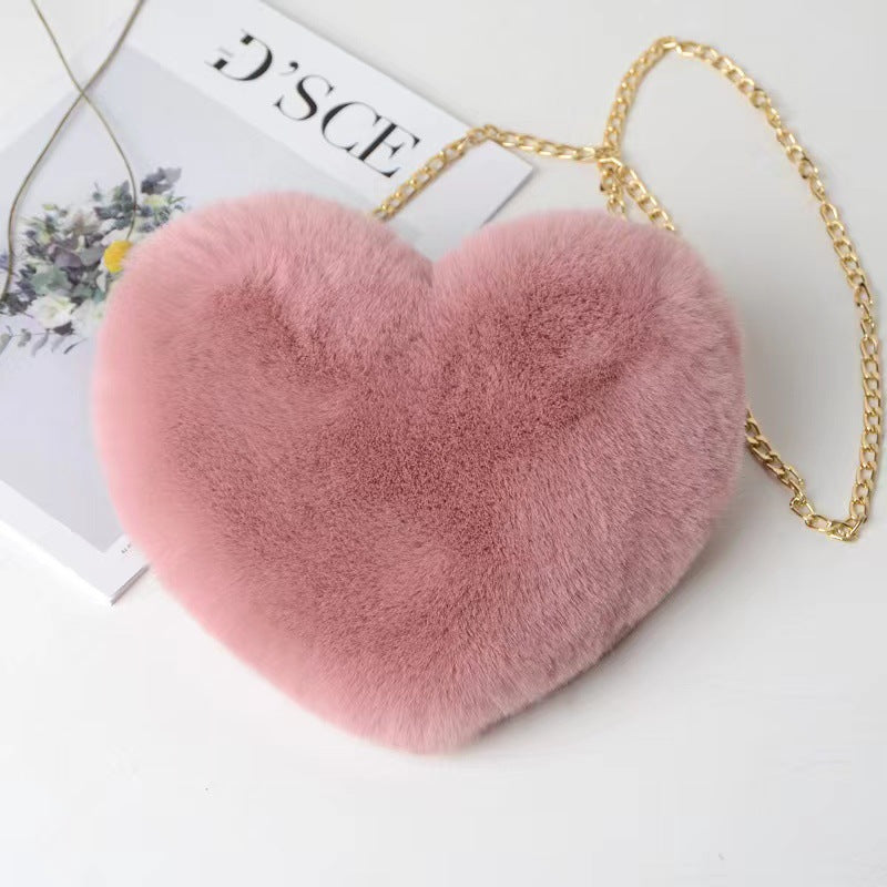 Fashion love heart bag peach heart bag women's chain messenger bag plush shoulder furry bag coin purse Valentine's Day