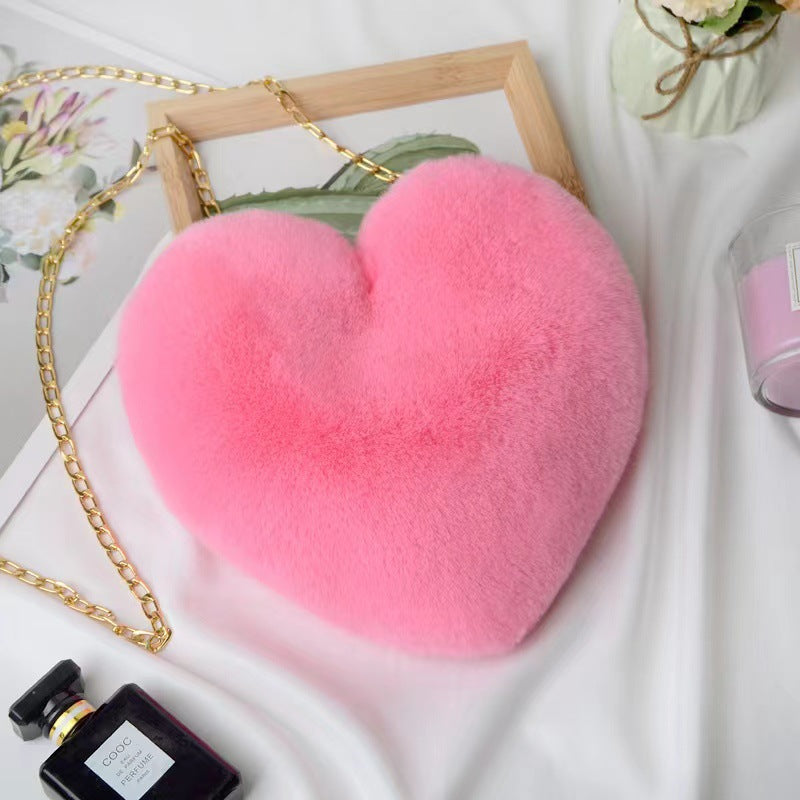 Fashion love heart bag peach heart bag women's chain messenger bag plush shoulder furry bag coin purse Valentine's Day