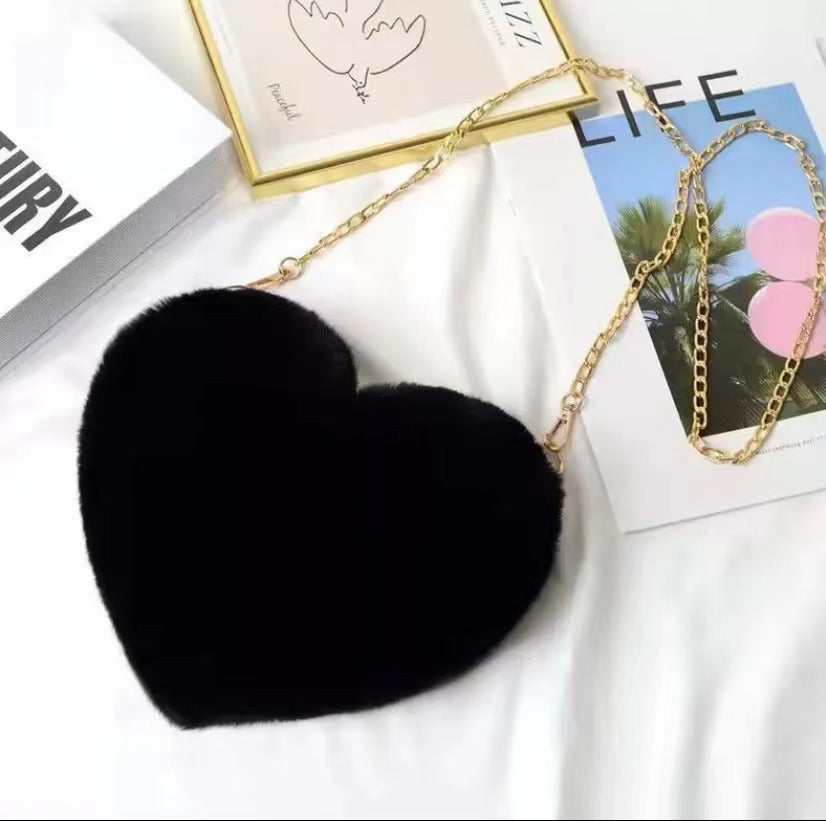 Fashion love heart bag peach heart bag women's chain messenger bag plush shoulder furry bag coin purse Valentine's Day