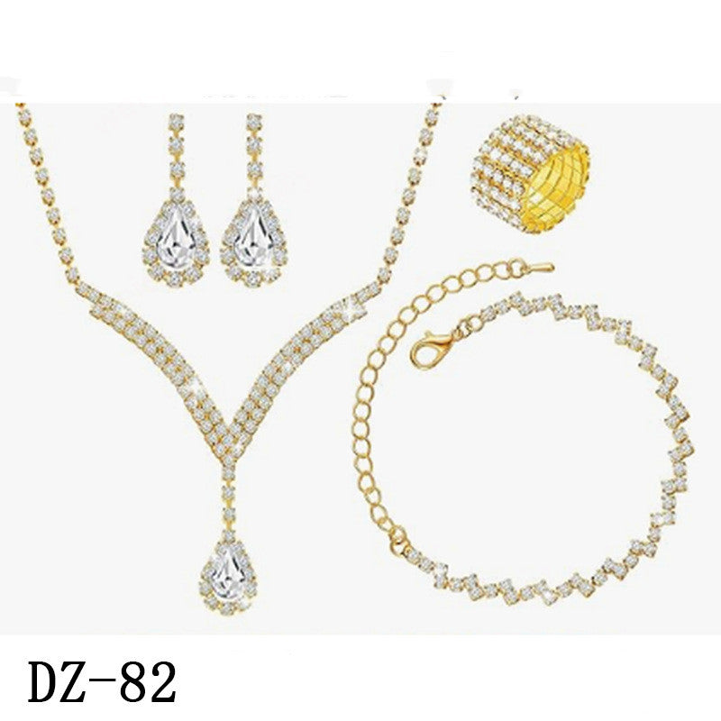 Braided bracelet and rhinestone ring set of four