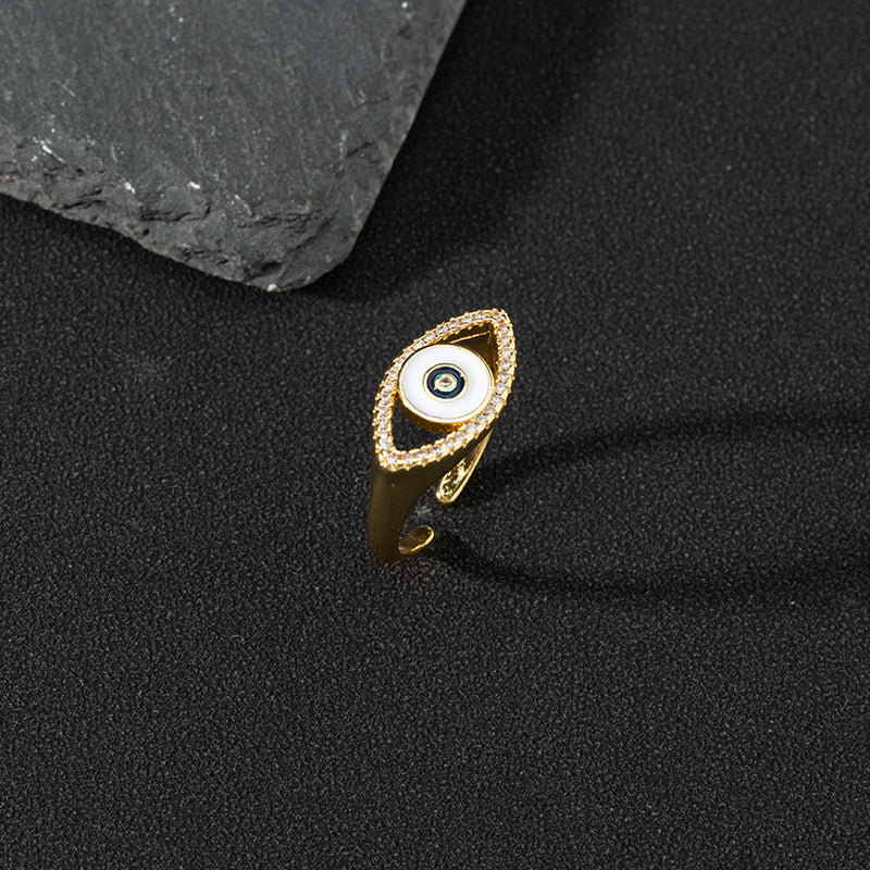 Copper zircon enamel oil drop ring for women evil eye retro pinky ring open ring