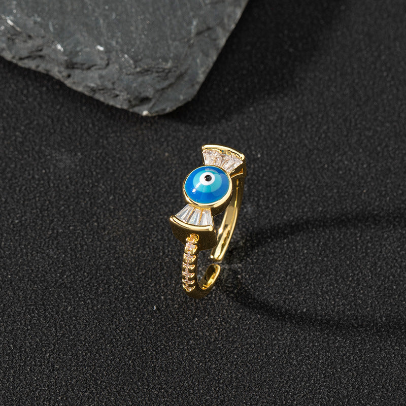 Copper zircon enamel oil drop ring for women evil eye retro pinky ring open ring
