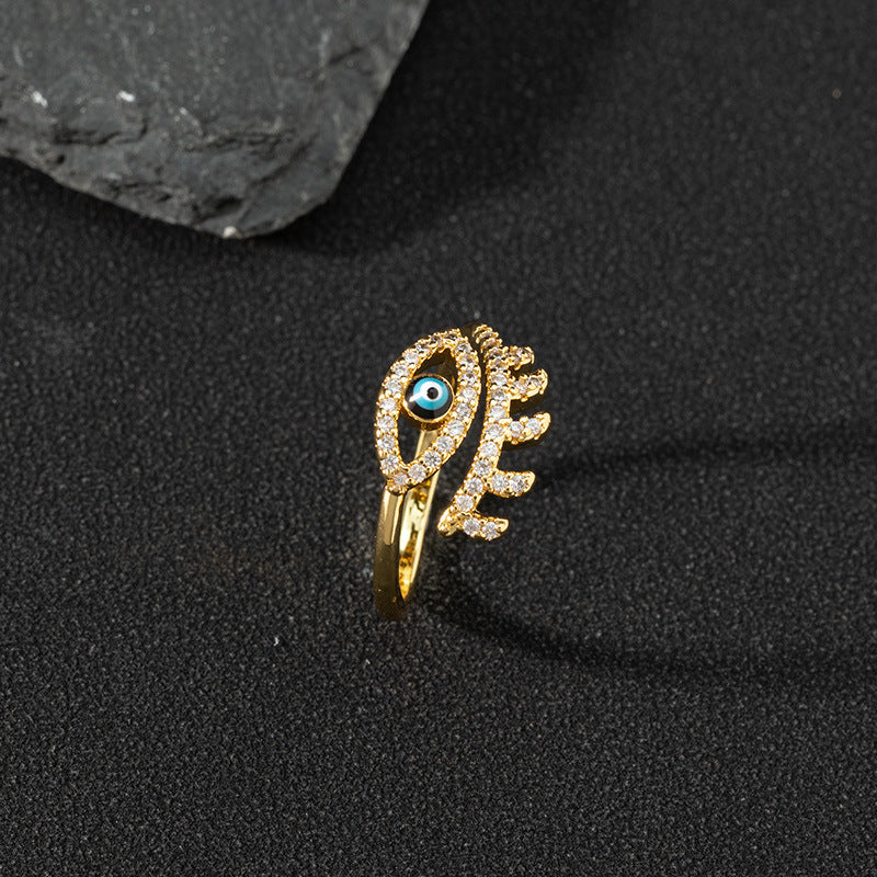 Copper zircon enamel oil drop ring for women evil eye retro pinky ring open ring