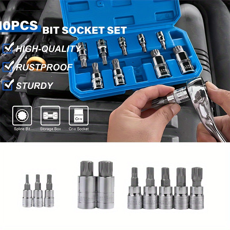 10PC XZN Triple Square 12 Point Spline Bit Socket Set 4MM 18MM With Enhanced Storage Case, 12 Point Multi Spline, No Assembly Required