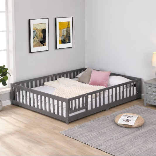 Full Size Floor Bed With Door,Solid Wood Platform Bed Frame With Fence,Suitable For Children,Pine Wood