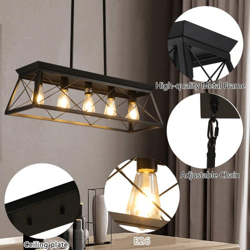 5 Lamps Farmhouse Chandelier For Dining Room, Metal Rustic Chandelier Island Lamp, Modern Rectangular Island Lamp For Kitchen, Living Room Pure Black - No Bulbs Unavailable Platforms- Temu