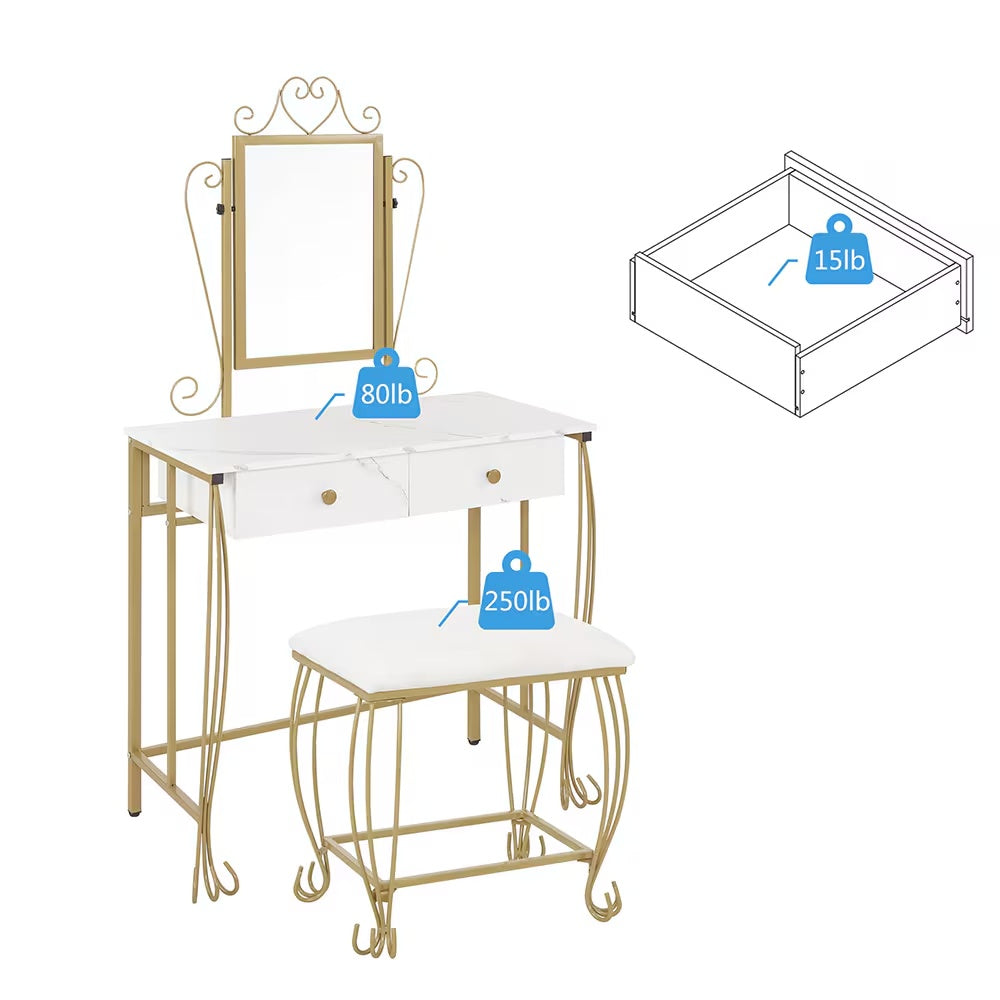 Vanity Table Set With Mirror Stool,White Makeup Dressing Desk With Drawers For Girls,Women,Bedroom,Gift