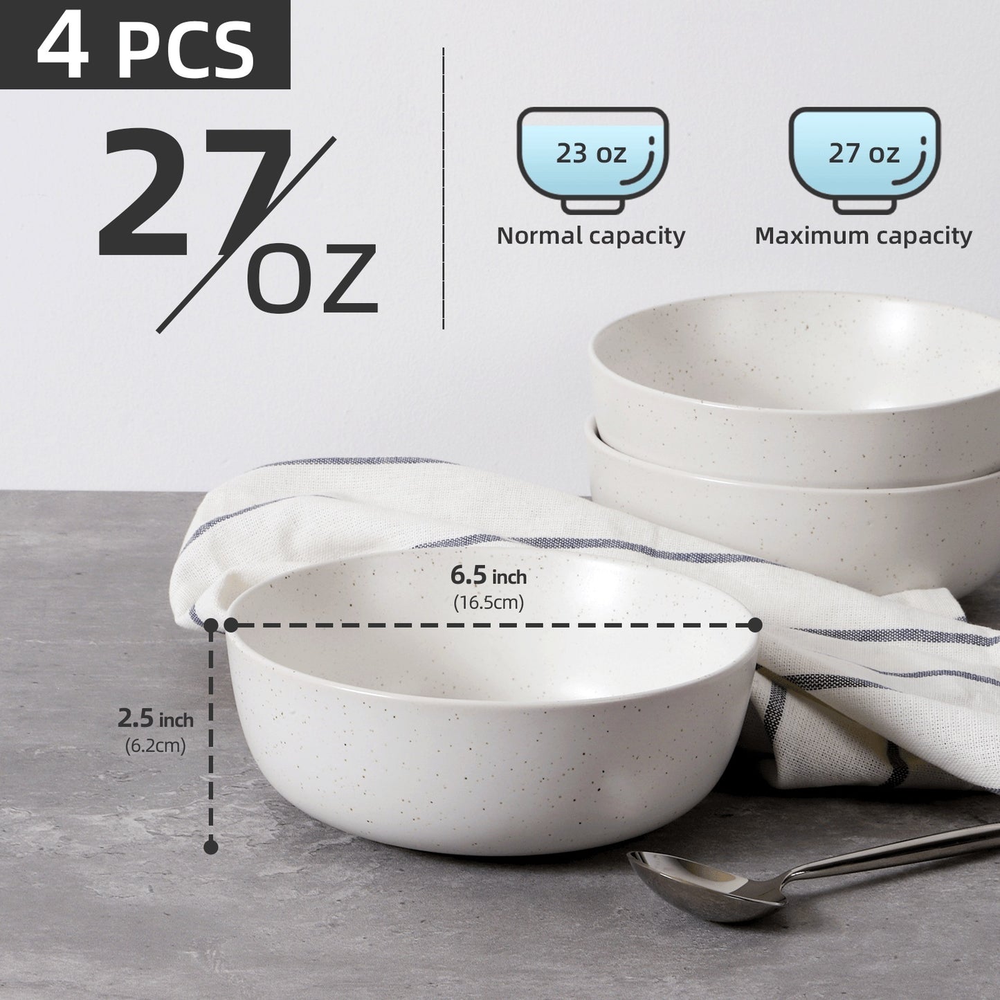 Ceramic Bowls For Kitchen, 27oz Bowl Set Of 4 For Cereal, Salad, Pasta, Soup, Dessert, Serving Dishwasher, Microwave And Oven Safe
