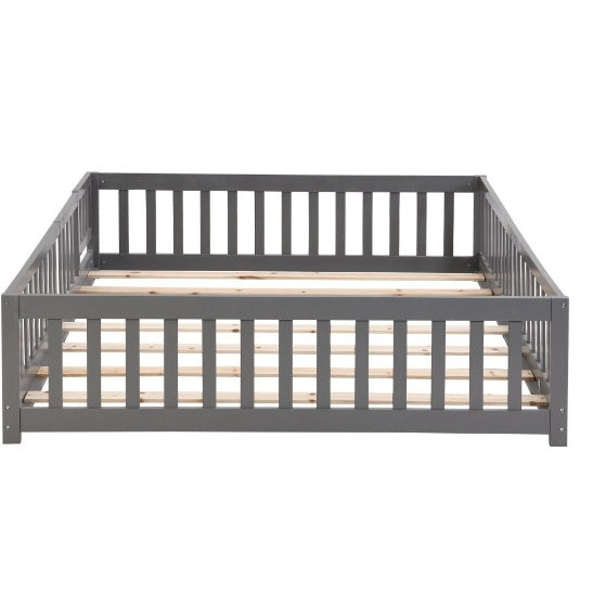 Full Size Floor Bed With Door,Solid Wood Platform Bed Frame With Fence,Suitable For Children,Pine Wood