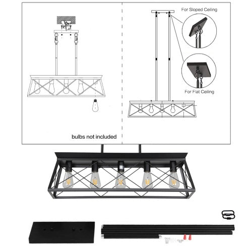 5 Lamps Farmhouse Chandelier For Dining Room, Metal Rustic Chandelier Island Lamp, Modern Rectangular Island Lamp For Kitchen, Living Room Pure Black - No Bulbs Unavailable Platforms- Temu