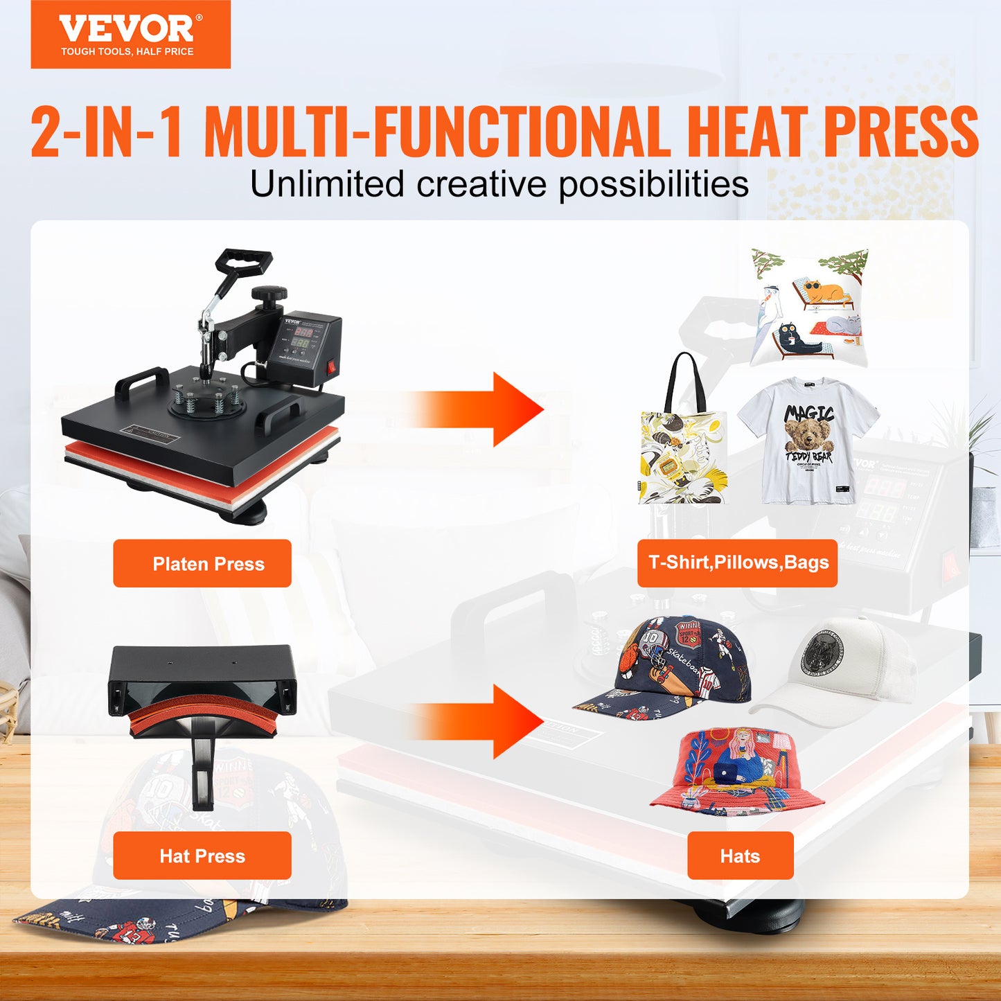 VEVOR Heat Press Machine 2In1 15x15in Sublimation Print Transfer DIY T-shirt Cap