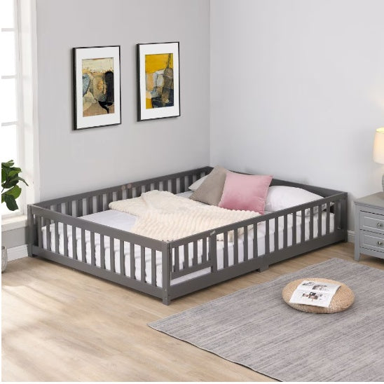 Full Size Floor Bed With Door,Solid Wood Platform Bed Frame With Fence,Suitable For Children,Pine Wood
