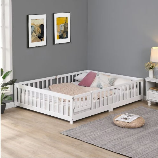 Full Size Floor Bed With Door,Solid Wood Platform Bed Frame With Fence,Suitable For Children,Pine Wood