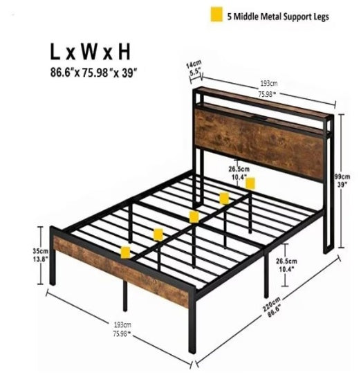 King Size Metal Platform Bed Frame With Wooden Headboard And Footboard With USB LINER