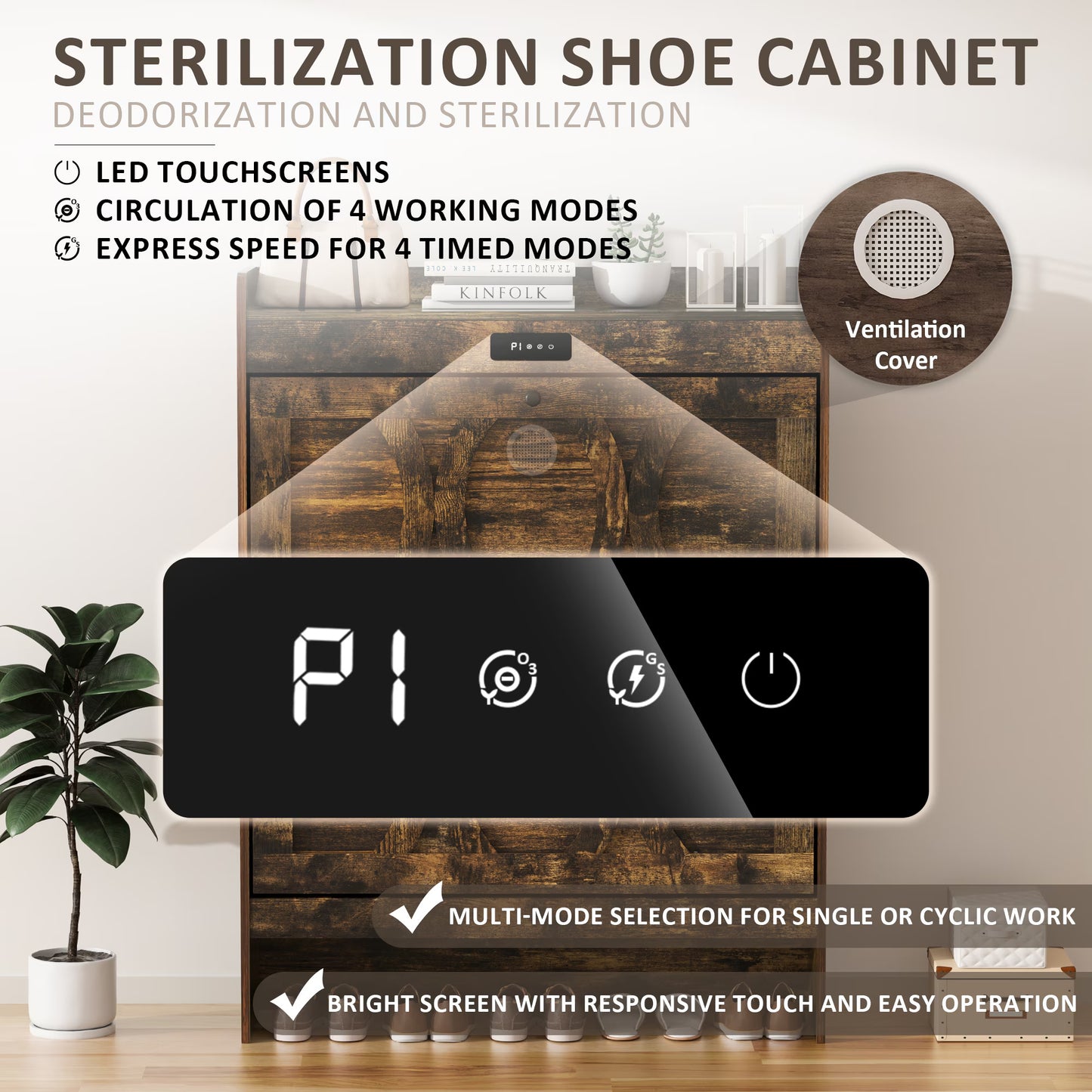 VFF Deodorizing Shoe Storage Cabinet With 2 Flip Drawers,LED Touchsreen Freestanding Black