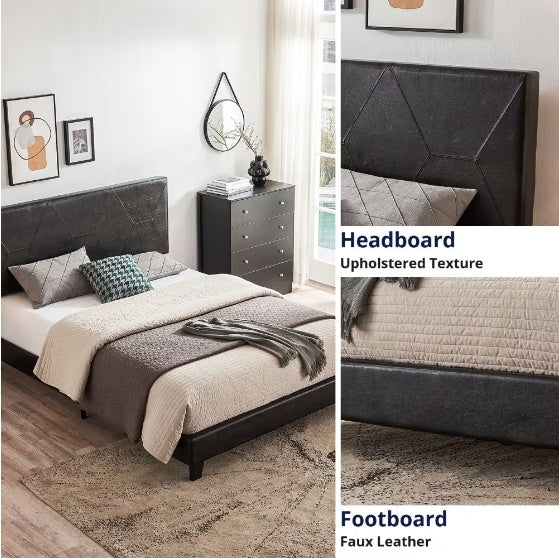 Queen-sized Upholstered Platform Bed Frame For Easy Assembly, Black, PU
