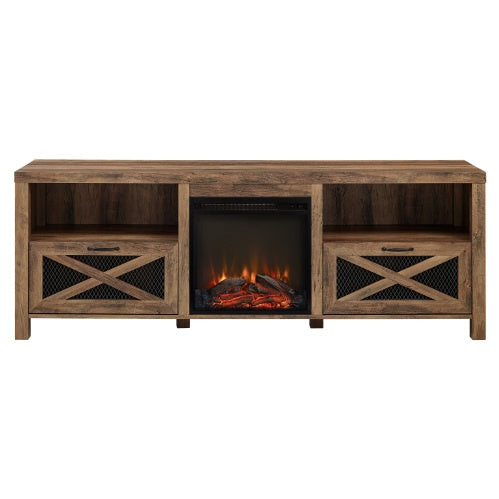 Industrial Farmhouse Metal Mesh Drop-Down X-Door Fireplace TV Stand For TVs - Rustic Oak
