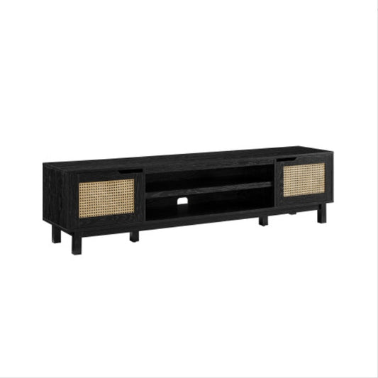Modern Rattan-Door Low TV Stand For TVs Up To 80 Inches Black